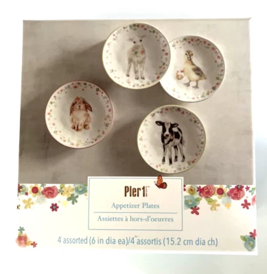 Pier 1 Spring Appetizer Plates Set of 4 Animals Duck Cow Lamb Bunny 6"   NIB - Image 1 of 4