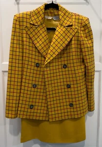 Vintage VALENTINO BOUTIQUE Mustard Yellow Checked Wool Crepe Skirt Suit - Picture 1 of 6