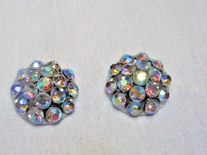 Pair Vintage Large 1-3/16” Domed Aurora Rhinestones Buttons Pewter Shanks Nice! - Picture 1 of 6