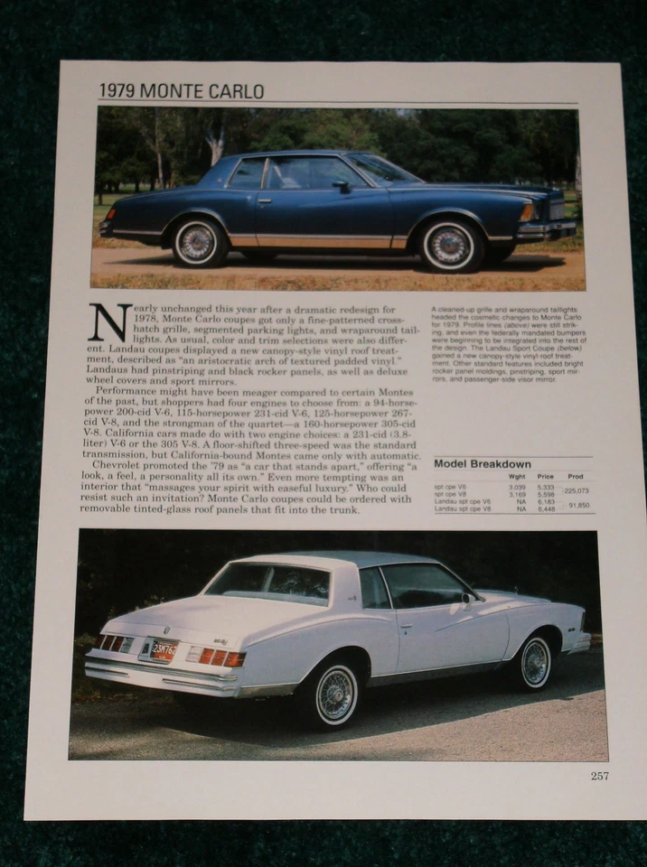 Chevy Monte Carlo 1979 hoja de especificaciones información foto 79 Sport Landau cupé Foto 1 de 1
