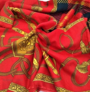 Vintage Large Red Gold Scarf Military Equestrian Plaid Shawl MADE IN ITALY Gift - Picture 1 of 7