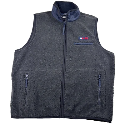 VTG 90's Tommy Hilfiger Sherpa Vest Men's Medium Grey Acrylic Mock Neck Full Zip - Image 1 of 4