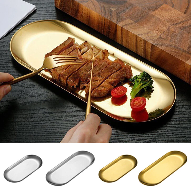 Stainless Steel Oval Serving Tray Dessert Plate Organizer For Jewelry/Fruit Gold - Image 1 of 4