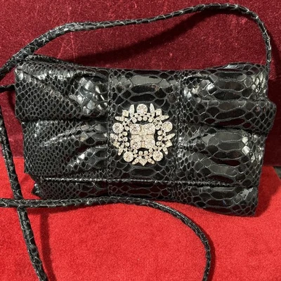 IMAN Ruffle Clutch Black Purse Shoulder strap  Rhinestones Snap excellent - Image 1 of 4