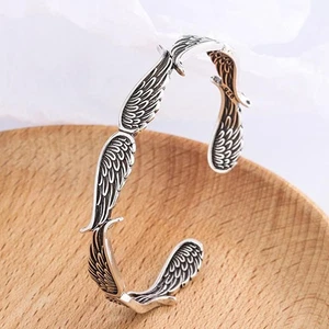 925 Sterling Silver Angel Wings Bracelet – Retro Silver Exquisite Open Bangle - Picture 1 of 24