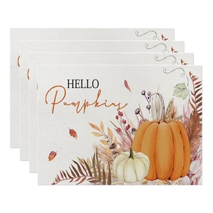 Herbstdeko für Zuhause, Herbst Tischsets 4er Set, Orange Hallo Kürbisblätter - Bild 1 von 6