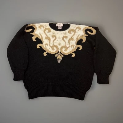 Suéter Para Mujer Años 80 Grande Jaclyn Smith Negro Crema Dorado Invierno Copos De Nieve De Colección Foto 1 de 4