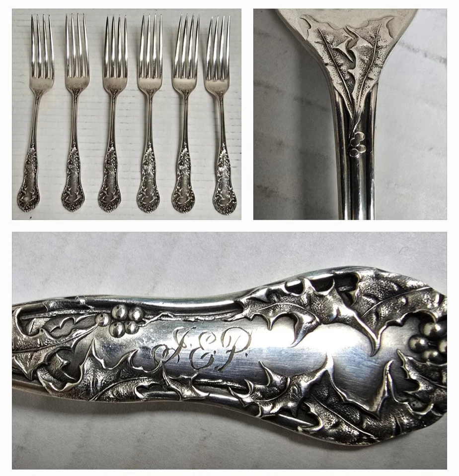 Juego de seis (6) horquillas chapadas en plata Holly Pat. Art Nouveau 1904 con monograma Foto 1 de 4