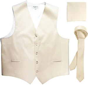 New Men's Ivory vest Tuxedo Waistcoat_1.5" necktie & hankie set wedding formal - Picture 1 of 4