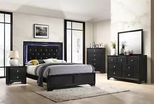 4pc Black Bedroom Set Upholstery Headboard King Bed Dresser Mirror Nightstand  - Picture 1 of 6