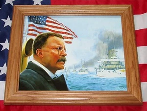 Arte da parete con cornice di Mort Kunstler, Theodore Roosevelt, US Navy, grande flotta bianca - Foto 1 di 4