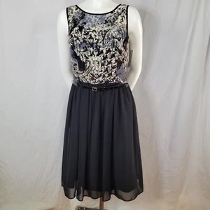 AB Studio Lined Sleeveless Mesh Bodice Zipper Back Belted Dress Size 10 - Picture 1 of 12