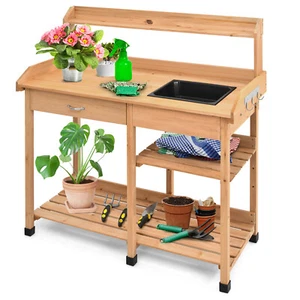 Outdoor Potting Bench Garden Planting Workstation W/Storage Shelf and Hooks - Picture 1 of 11