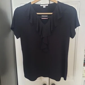 Studio Works Womens Size M Black Ruffled Buckle Short Sleeve Career Top - Picture 1 of 7
