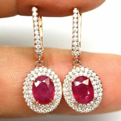 Silver Earrings Ruby Genuine Natural Gems Solid Sterling Rose Gold Coated - Image 1 of 4