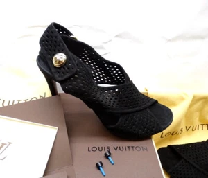 LOUIS VUITTON Perforated Suede Black Leather Open Toe Sandal Stiletto EU40 US-9 - Picture 1 of 12