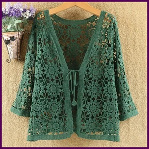 Women Lace Crochet Shrug Cardigan Top Jacket Hollow Knitted 3/4 Sleeve Shawl - Picture 1 of 28