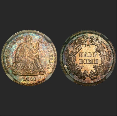 1863 PR64 NGC 18,000 Minted + 460 Proof CIVIL WAR Lovely Colors Seated Half Dime - Image 1 of 4