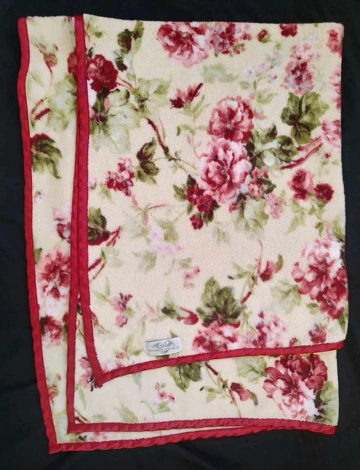 Victorian Trading Co Throw Blanket Cover Rose Floral Red Shades Satin Edge 66x48 - Image 1 of 4