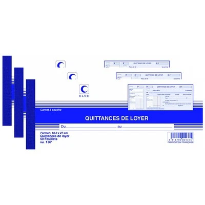 [137-3] Elve Lot de 3 Carnets à souche QUITTANCES DE LOYER 105 x 270 mm 50 Fe...