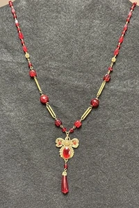 Vintage Glass Bead Necklace Ruby Red Color Brass Ornate Pendant Hand Knotted 36” - Picture 1 of 13