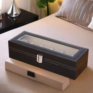 6 Slot Black Faux Leather Watch Box with Velvet Lining - Picture 1 of 10