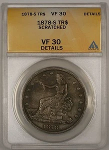 1878-S Trade Silver Dollar $1 Coin ANACS VF-30 Details Scratched - Picture 1 of 2