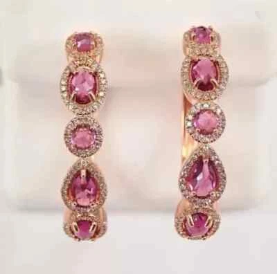 2.50CT Oval Cut Lab Created Pink Ruby Women's Hoop Earrings 14K Rose Gold Plated - Image 1 of 4