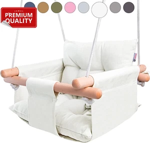 Wooden Canvas Baby Swing Chair – Indoor Outdoor Hanging Seat with Safety Belt - Picture 1 of 12
