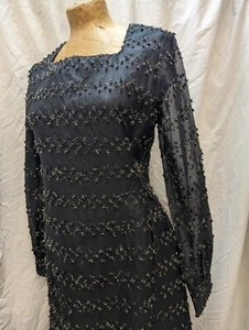 Vintage 1960's Black Crepy Rayon Metallic Mod Dress by Fanya Size Small - Picture 1 of 8