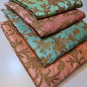 Raw Silk Fabric Floral Gold Metallic Embroidery Dress Craft Cushion Material 44" - Picture 1 of 22
