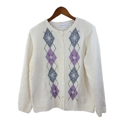 Cárdigan Suéter Vintage Chenille Talla Mediana Abuela Púrpura Blanco Argyle Peluche Foto 1 de 4