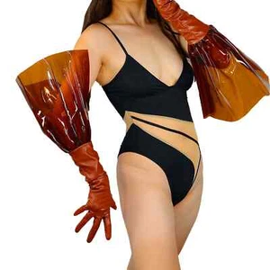 Women Leather Plastic Gloves Brown PVC Puff Sleeves 70cm Transparent Fashion - Picture 1 of 16