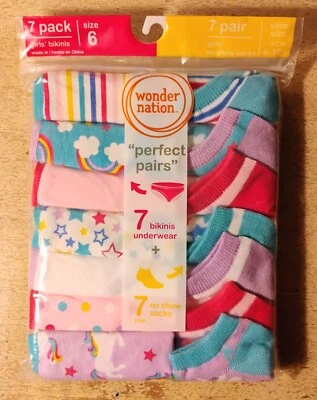 Wonder Nation "Perfect Pairs" 7 Bikinis & 7 No Show Socks, Choose Your Size - Image 1 of 3
