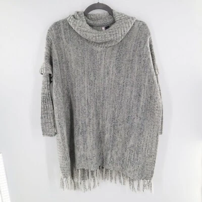 Poncho suéter capuz oversized feminino XS/S cinza boho outono franja casa de campo boêmia - Imagem 1 de 4