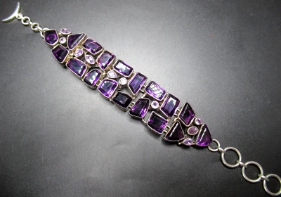 Pulseira de prata esterlina 925 genuína roxa ametista fecho alternado - Imagem 1 de 4