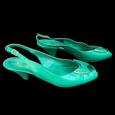 Zapatos de salón BRUNO MAGLI Vintage verde peep toe cuero honda trasera talla 8,5 Foto 1 de 4