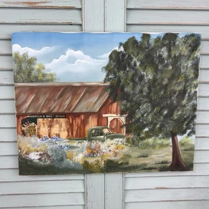 Vintage Original Painting Red Man Chewing Tobacco Advertising On Shed W/ Pickup - Picture 1 of 12