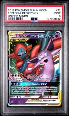 Pokemon TCG SM Unified Minds Espeon & Deoxys GX Holo Foil Card 72/236 PSA 9 - Image 1 of 2