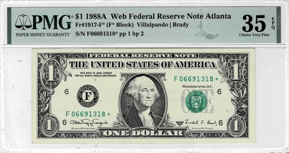 1988A $1 Federal Reserve WEB *STAR note--fr.1917-F* (Atlanta) PMG VF 35 EPQ - Image 1 of 4
