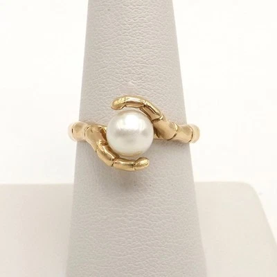 Solid 14k Yellow Gold Akoya Pearl Bamboo Setting Bypass Ring Setting sz7.5 - Image 1 of 4