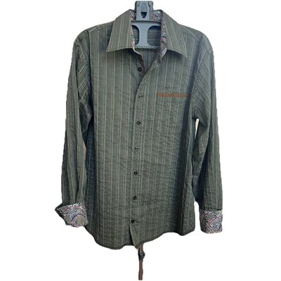 Georg Roth Los Angeles Button-Up Shirt Mens Medium Green Striped Flip Cuff  - Image 1 of 4
