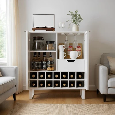 Aparador Armario Buffet con Textura Acanalada Moderna Cafetera Estante para Vinos Blanco Foto 1 de 4