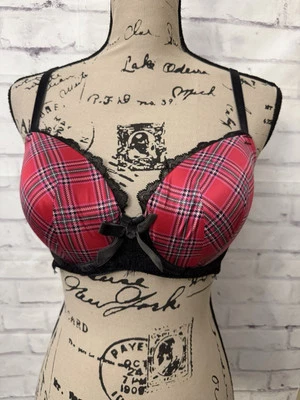 Sujetador Victoria’s Secret Dream Angels Forrado Demi 32DD Rojo Rosa Cuadros Terciopelo Lazo Foto 1 de 4