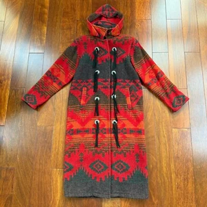 Vintage Woolrich Aztec Wool Blanket Maxi Coat Hoodie Southwestern USA Size M - Picture 1 of 15