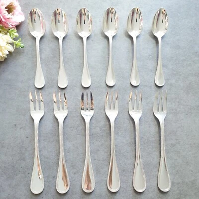 Cuchara de café con tenedor para pasteles cubiertos Christofle Perles 12 piezas excelente Foto 1 de 4