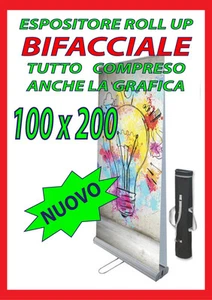 ESPOSITORE ROLL UP 100X200 BIFACCIALE COMPRESO STAMPA COMPRESO GRAFICA E BORSA - Foto 1 di 1