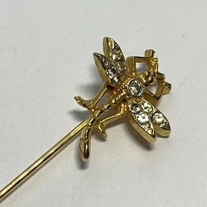 VINTAGE Rhinestone Dragonfly STICK PIN Gold Tone Figural Petite - Picture 1 of 10