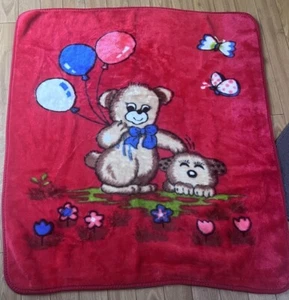 Red Vintage Baby Blanket Teddy Bear Balloons Puppy Dog Butterfly Mink Rare  - Picture 1 of 4
