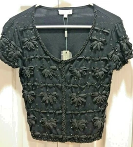 Nuevo con etiquetas Joseph A Corto Negro Slv. Cinta de cuentas botón lentejuelas cardi - Precio de venta sugerido por el fabricante $72 S/m - Imagen 1 de 7